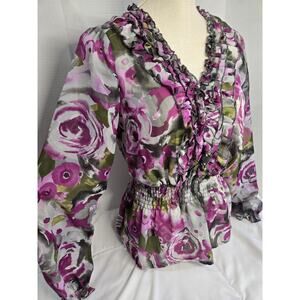 Vtg Y2K Sunny Leigh S Floral Sheer Blouse Fairy Romantic Girly Pink Indie Academ